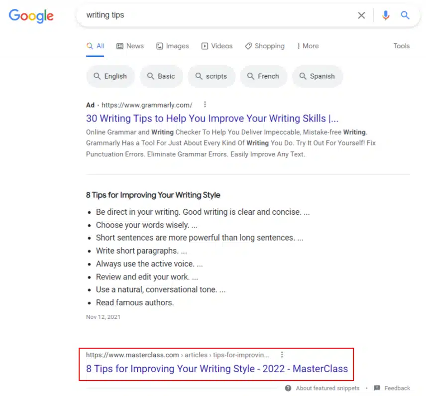 google serp for writing tips