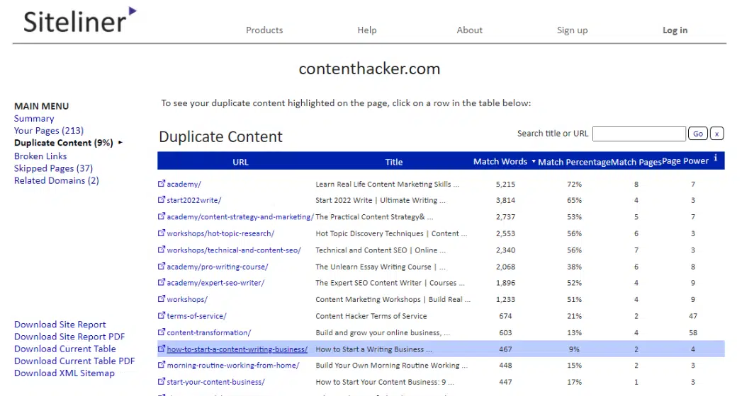 siteliner duplicate content list