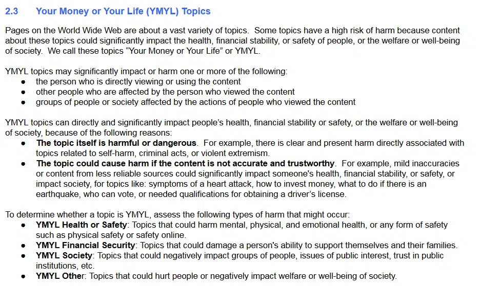 google search evaluator guidelines - ymyl topics