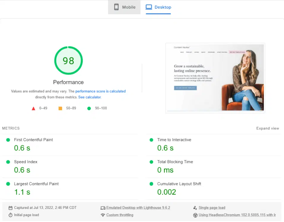 google pagespeed insights report