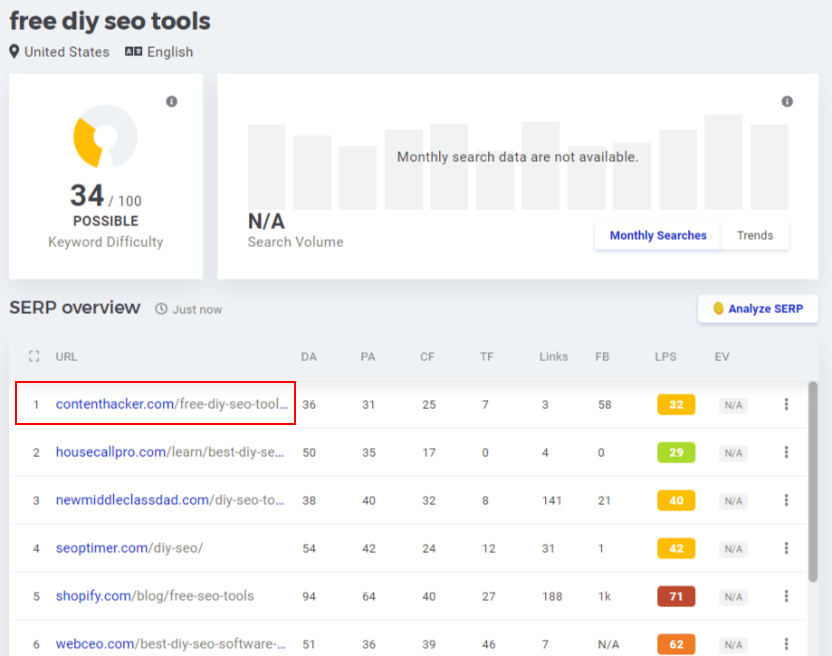 serp overview for free diy seo tools