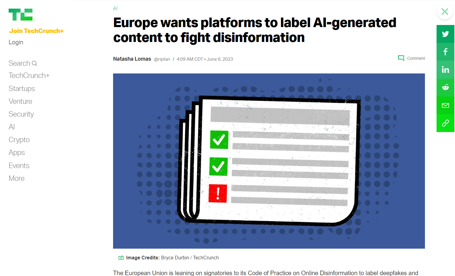 techcrunch article on EU and labeling AI content