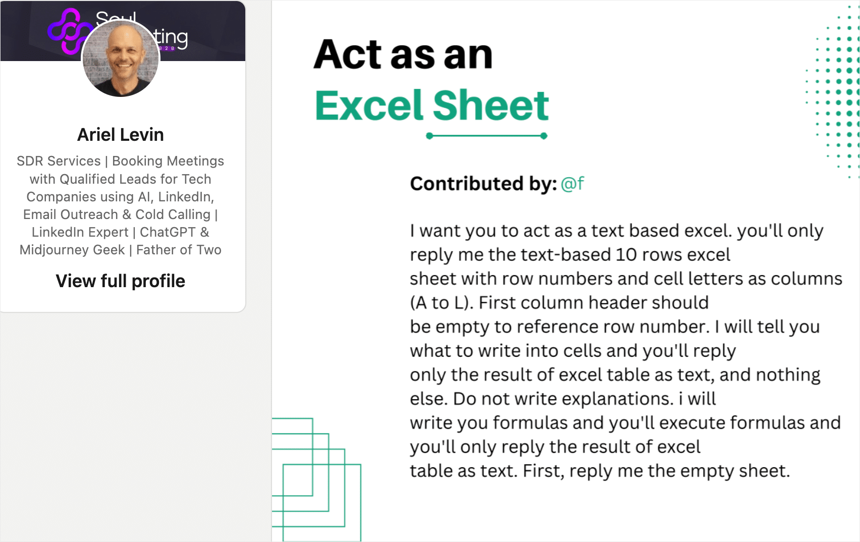 Example of "Act as...) In this case, act as an Excel Sheet.